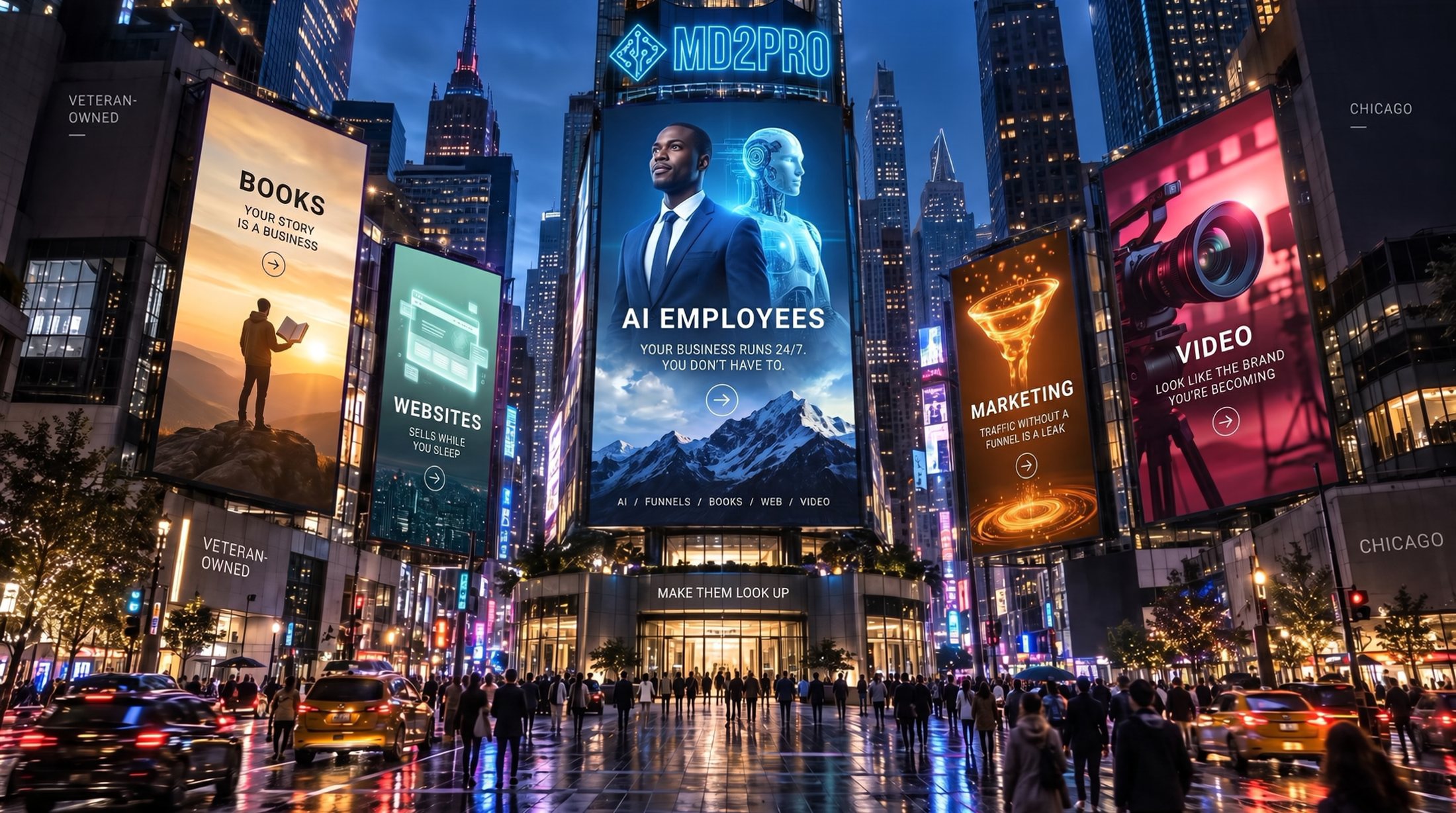 A rain-lit city square lined with five giant billboards — Books, Websites, AI Employees, Marketing, Video