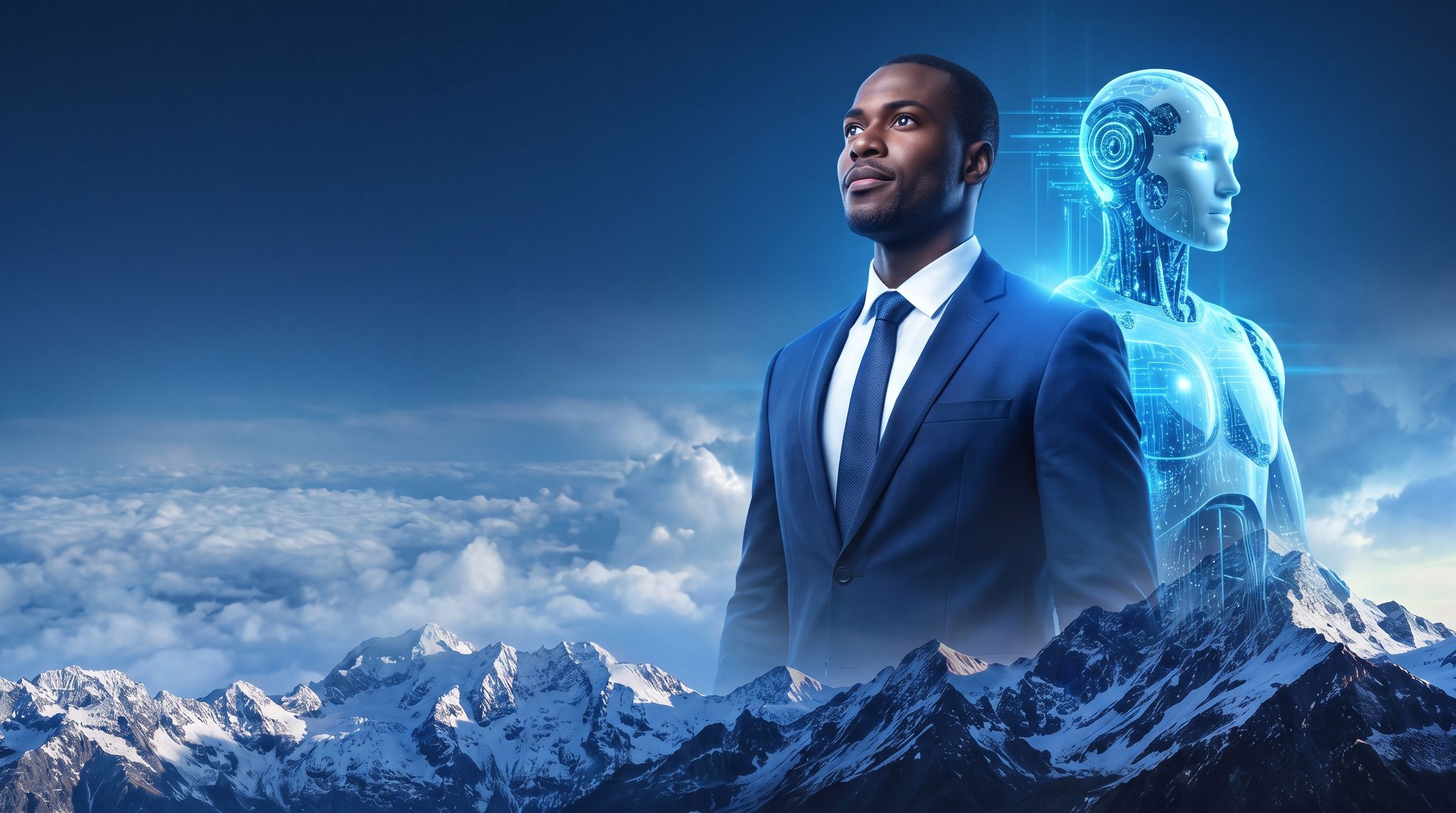 A businessman looking up beside an AI figure made of light