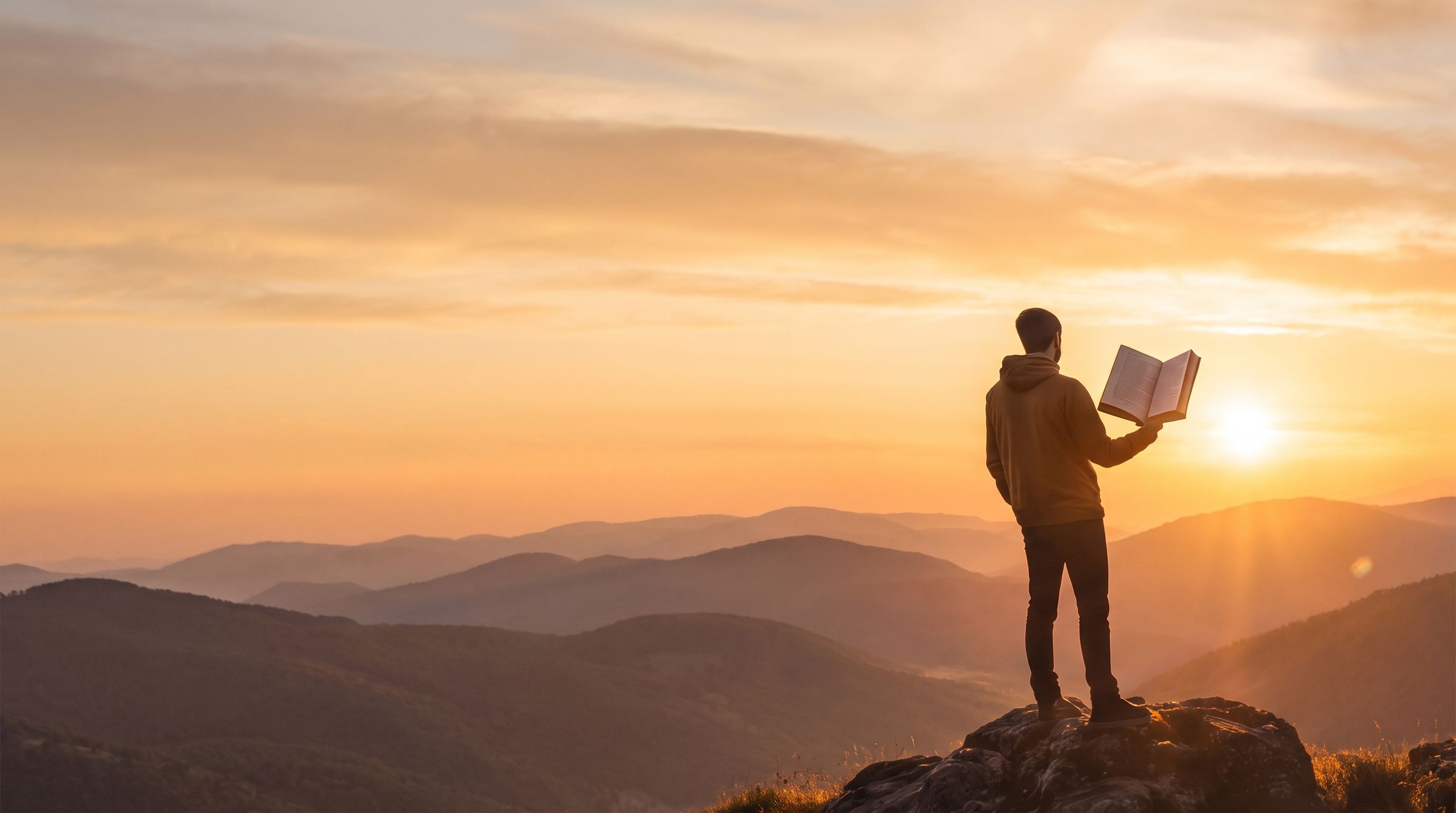 A reader with an open book on a summit at sunrise