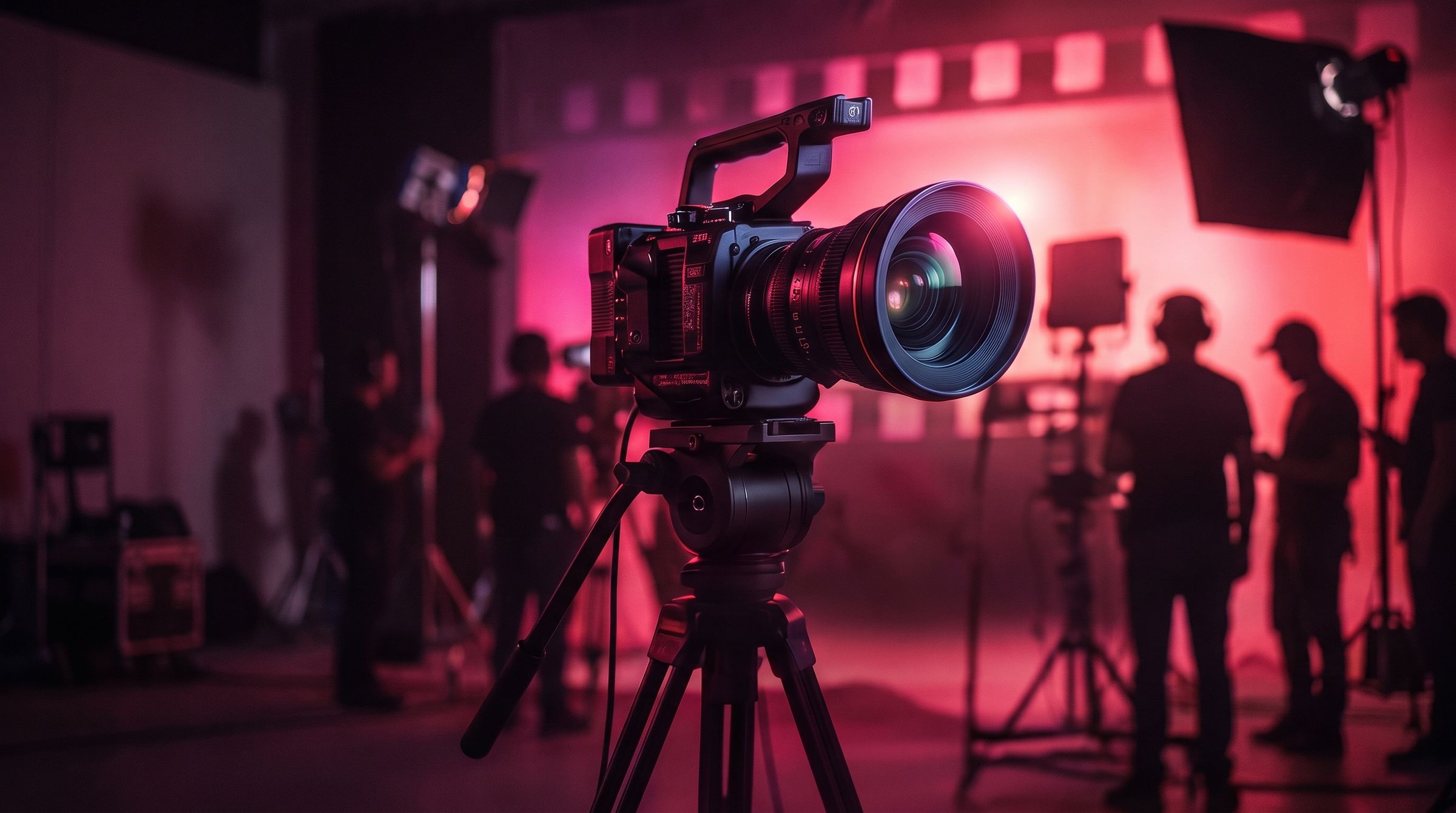 A cinema camera on a film set lit in magenta