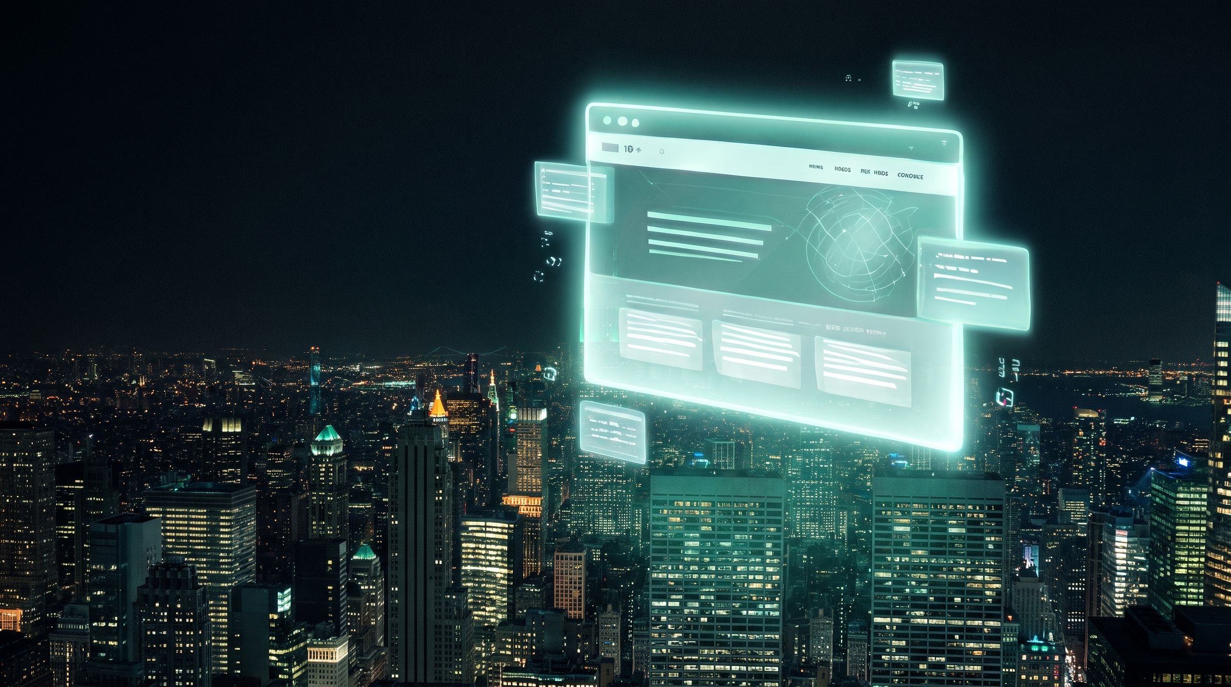 A glowing website interface floating above a city at night